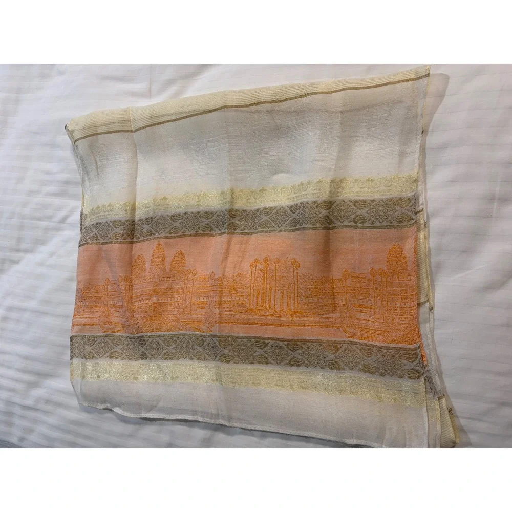 Cambodian Silk Scarf Metallic Gold Stripe Orange Architecture Border Cream Scarf